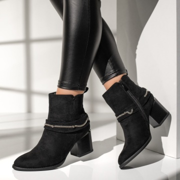 Botine dama cu toc gros si accesoriu decorativ negru suede MOD12637, 4, modlet.ro