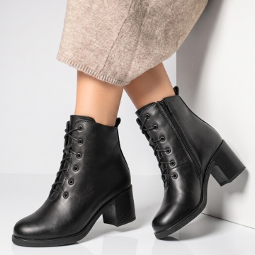 Botine dama cu toc si fermoar negre din Piele naturala BIA29