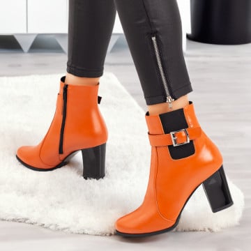 Botine dama portocalii cu elastic si catarama din Piele Naturala ZEF07303, 1, zeforia.ro