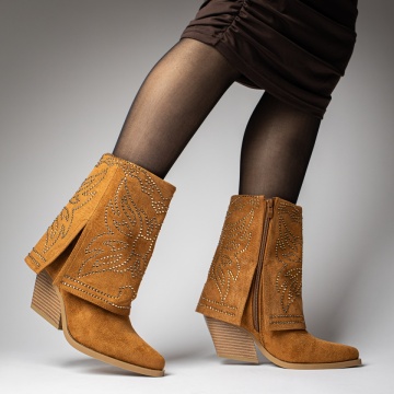 Ciocate dama cu toc gros si aplicatii cu pietre maro suede MOD12341, 3, modlet.ro