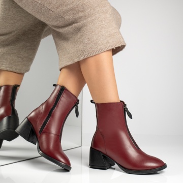 Botine dama, Cizme dama cu toc si fermoar visinii din Piele naturala MOD10377, modlet.ro