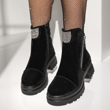 Ghete dama cu fermoar si aplicatii cu strasuri negru suede MOD12625, 2, modlet.ro