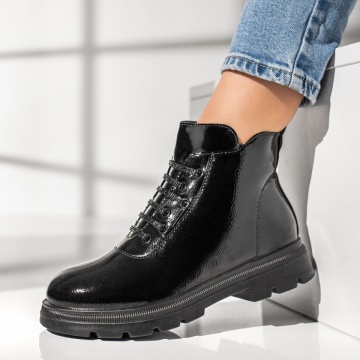 Ghete dama cu siret elastic negre lucioase MOD12852, 2, modlet.ro