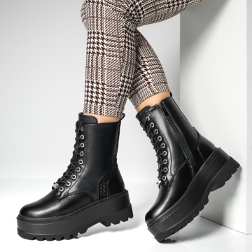 Ghete imblanite, Ghete dama cu siret si talpa groasa negre MOD14142, modlet.ro