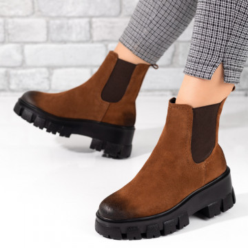 Ghete dama cu talpa groasa maro suede din Piele naturala MOD05383, 3, modlet.ro