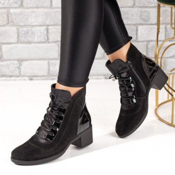 Ghete dama cu toc gros negre suede din Piele naturala MOD10368, 3, modlet.ro
