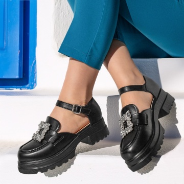 Pantofi casual cu talpa groasa si accesoriu decorativ negre MOD13016, 3, modlet.ro