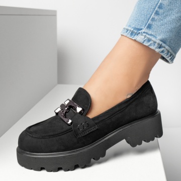 Pantofi casual cu talpa groasa si accesoriu metalic negru suede MOD13247, 2, modlet.ro