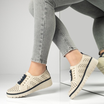 Pantofi casual dama cu perforatii bej cu albastru ZEF13155, 3, zeforia.ro