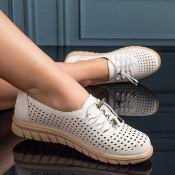 Pantofi casual dama cu siret elastic si perforatii albi MOD11211, 2, modlet.ro