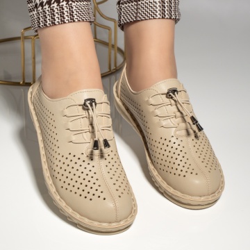 Pantofi casual dama cu siret elastic si perforatii bej MOD13226, 3, modlet.ro