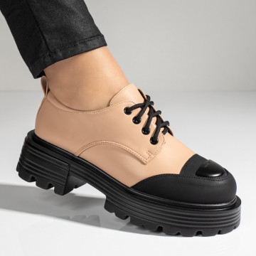 Pantofi casual dama cu siret si talpa groasa bej MOD10966, 3, modlet.ro