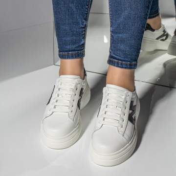 Pantofi casual dama cu talpa groasa albi cu negru din Piele naturala MOD08731, 4, modlet.ro