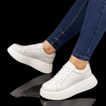 Pantofi casual dama cu talpa groasa albi din Piele naturala MOD10279, 3, modlet.ro