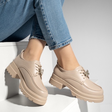 Pantofi casual dama cu talpa groasa si accesoriu metalic bej MOD13248, 4, modlet.ro