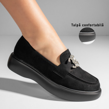 Pantofi casual dama cu talpa groasa si accesoriu metalic negri suede ZEF11038, 3, zeforia.ro