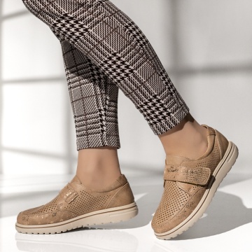 Pantofi dama, Pantofi casual dama cu talpa joasa si inchidere cu scai bej cu auriu MOD14282, modlet.ro