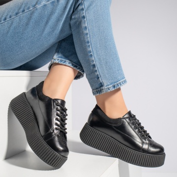 Pantofi casual dama negri cu talpa groasa din Piele naturala MOD12740, 3, modlet.ro