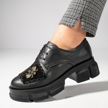 Pantofi casual negri dama din Piele naturala cu accesoriu MOD11890, 3, modlet.ro