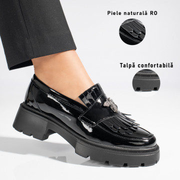 Pantofi casual negri dama din Piele naturala cu aspect lacuit ZEF11275, 3, zeforia.ro