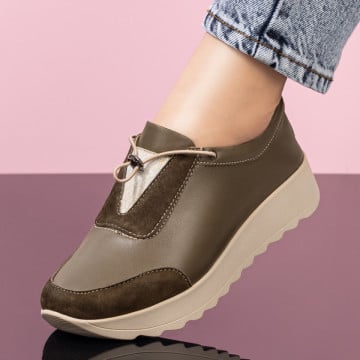 Pantofi casual Piele dama khaki cu talpa groasa ZEF03626, 3, zeforia.ro