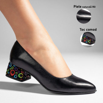 Pantofi cu toc dama negri cu print din Piele naturala MOD11001, 3, modlet.ro