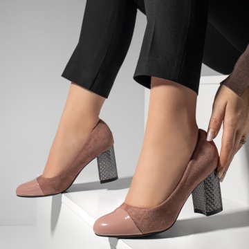 Pantofi cu toc dama nude suede si varf lacuit MOD05775, 2, modlet.ro