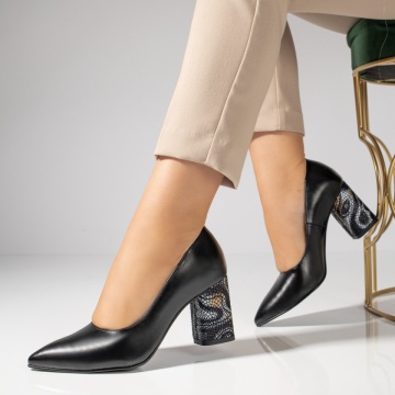 Pantofi cu toc dama si print negri din Piele naturala MOD12047, 1, modlet.ro