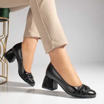Pantofi cu toc gros dama cu imprimeu negri din Piele naturala MOD12050, 3, modlet.ro