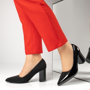 Pantofi cu toc gros dama negru cu aspect lucios MOD13362, 2, modlet.ro