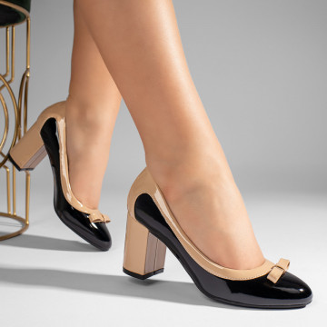 Pantofi cu toc gros negru cu bej luciosi MOD10986, 3, modlet.ro