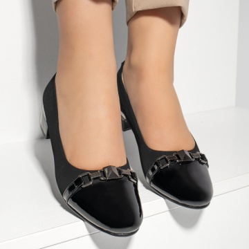Pantofi cu toc gros si varf lucios negru suede MOD08348, 3, modlet.ro