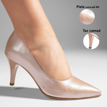 Pantofi cu toc subtire dama bej sidefat din Piele naturala MOD11003, 3, modlet.ro