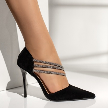 Pantofi cu toc subtire dama si strasuri negru suede MOD10000, 3, modlet.ro