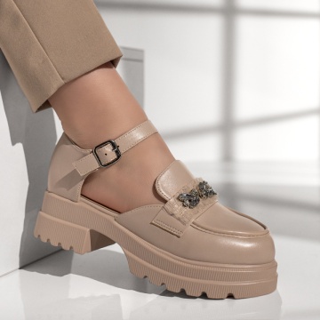 Pantofi dama cu bareta si aplicatii cu pietre bej MOD13014, 4, modlet.ro