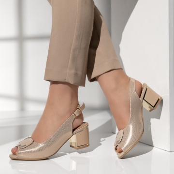 Pantofi cu toc, Pantofi dama cu toc gros decupati bej MOD14191, modlet.ro