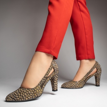 Pantofi dama cu toc gros khaki cu imprimeu din Piele naturala MOD13129, 2, modlet.ro