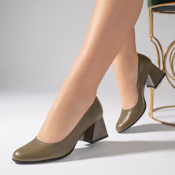 Pantofi dama cu toc gros khaki din Piele naturala MOD06034, 4, modlet.ro
