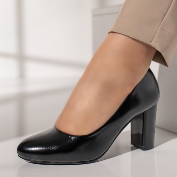 Pantofi dama cu toc gros negri luciosi MOD12111, 1, modlet.ro