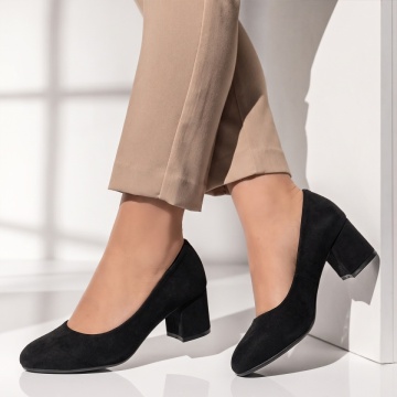 Pantofi dama cu toc gros negru suede INA27