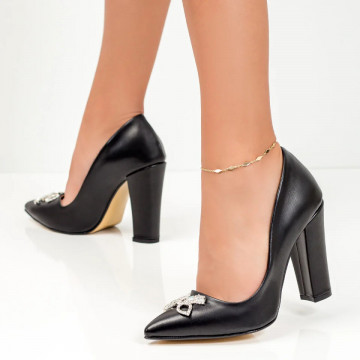 Pantofi dama cu toc gros si accesoriu decorativ negri MOD05570, 3, modlet.ro