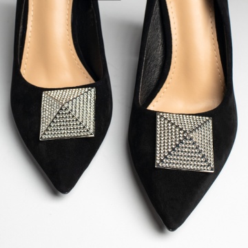 Pantofi dama cu toc gros si accesoriu decorativ negri MOD12764, 4, modlet.ro