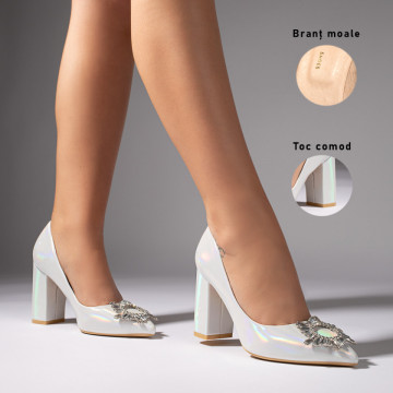 Pantofi dama cu toc gros si accesoriu metalic argintii MOD10984, 3, modlet.ro