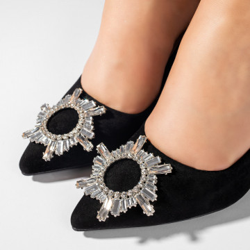 Pantofi dama cu toc gros si accesoriu metalic negri suede MOD10984, 5, modlet.ro