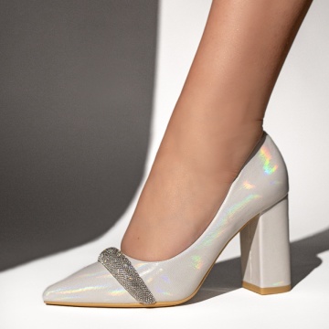 Pantofi dama cu toc gros si aplicatii cu pietre argintii cu reflexii MOD12763, 2, modlet.ro