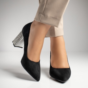 Pantofi dama cu toc gros si aplicatii cu pietre negru suede MOD12031, 3, modlet.ro