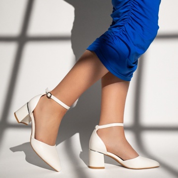 Pantofi dama cu toc gros si bareta albi MOD13377, 2, modlet.ro