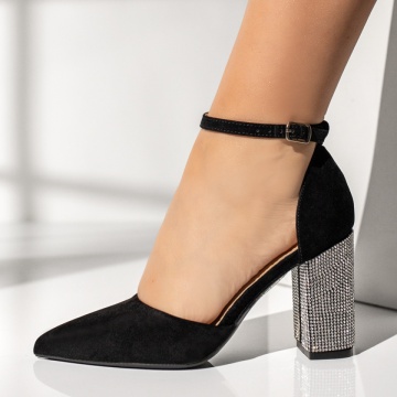 Pantofi dama cu toc gros si bareta negru suede LIA35, 2, modlet.ro