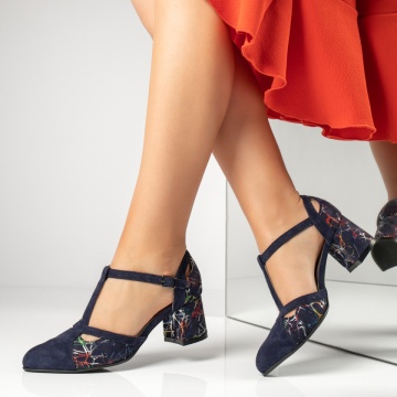 Pantofi dama cu toc gros si imprimeu albastru suede din Piele naturala MOD13600, 1, modlet.ro