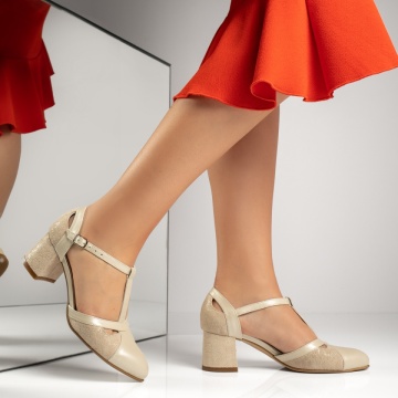 Pantofi dama cu toc gros si imprimeu bej din Piele naturala MOD13600, 3, modlet.ro